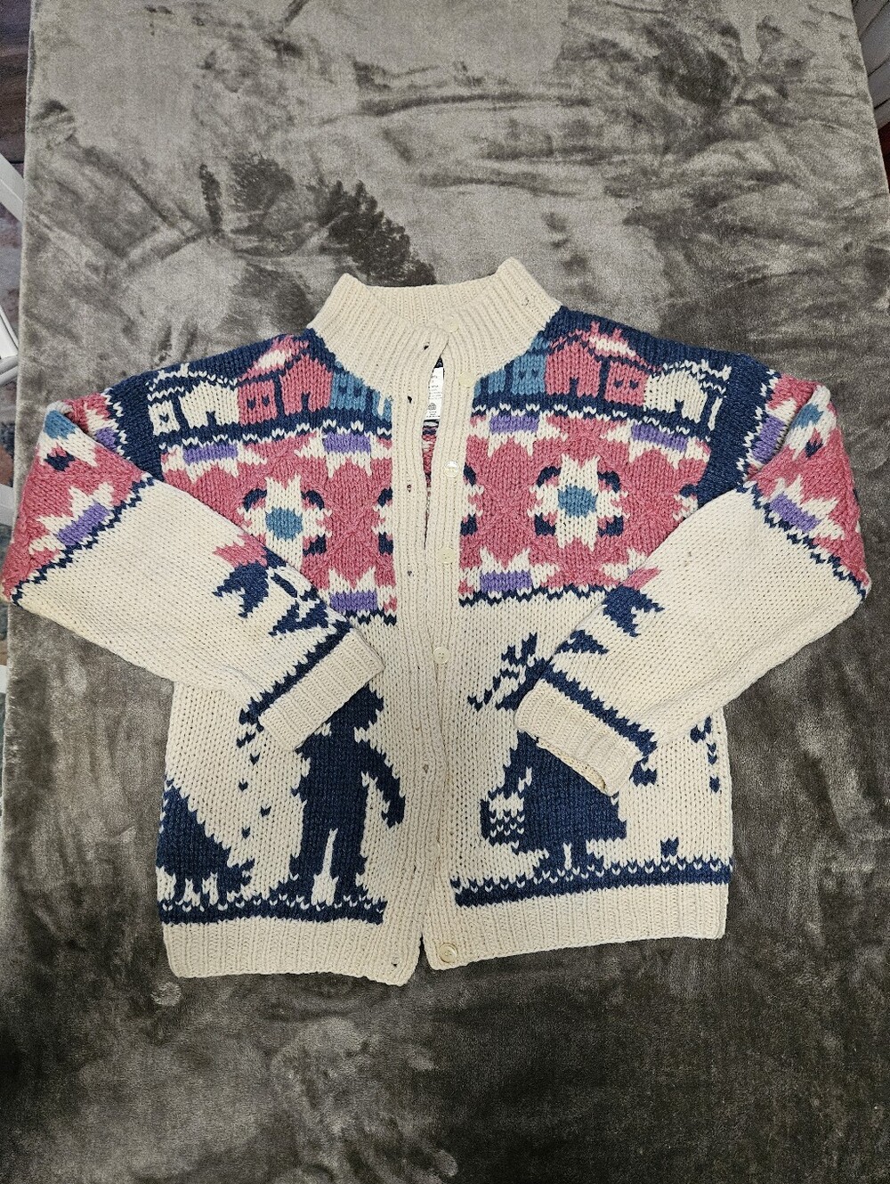 Vintage Woolrich Fair Isle Cardigan Pink Navy Accents Heritage Chicken Farmer M